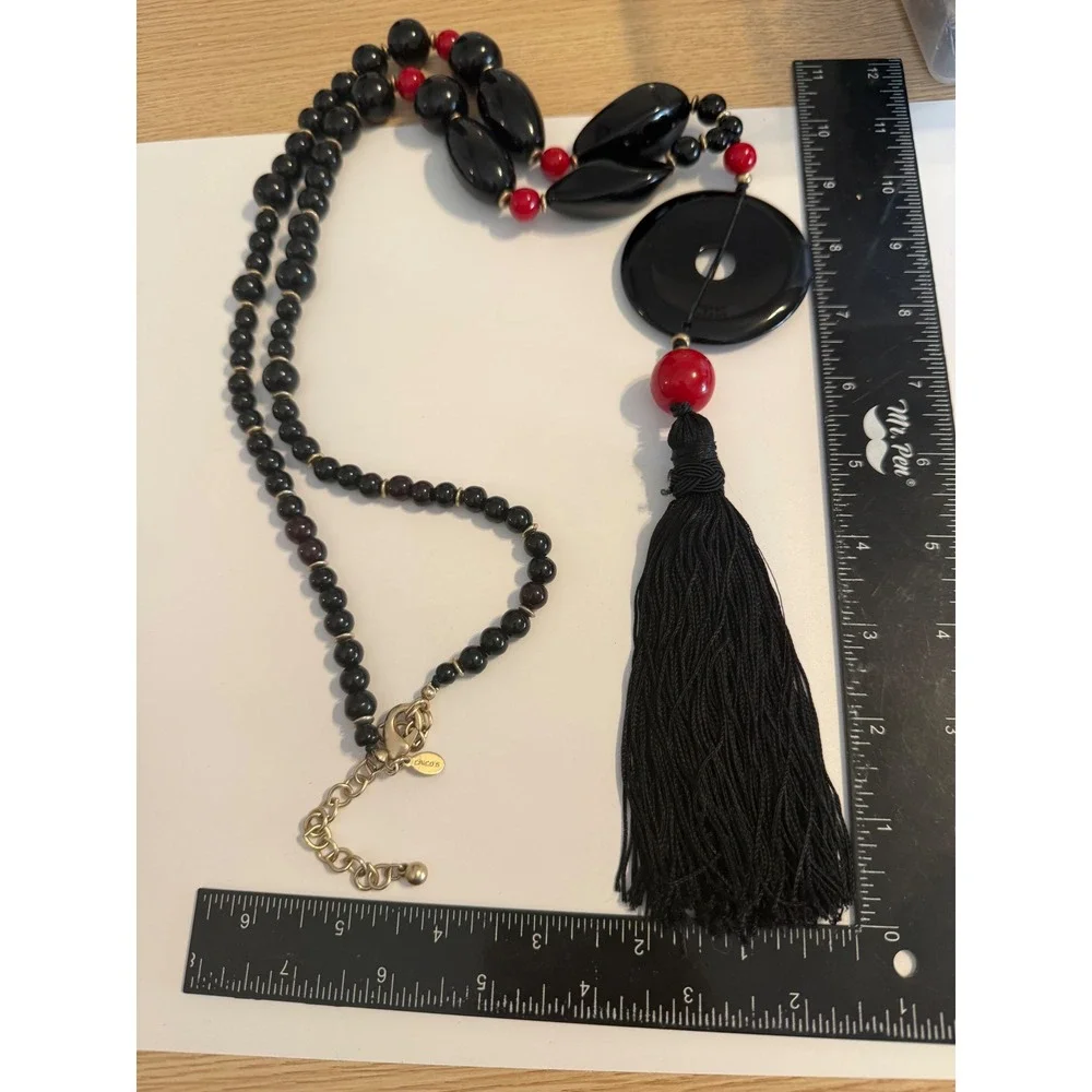 Chicos Black Red Beaded Statement Necklace Long Tassel Pendant Gold Tone Clasp‎